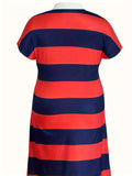 Plus Size Striped Print Dress, Casual Short Sleeve Collared Dress For Spring & Summer, Women's Plus Size Clothing