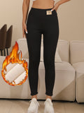 Women's High-Waist Fleece-Lined Leggings - Elegant Black with Butterfly Detail, Stretchy & Warm for Fall/Winter