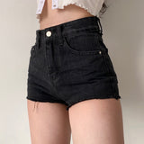 themeisles - Frayed High Waist Denim Shorts