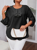 Plus Size Elegant Ruffle Crew Neck 3/4 Sleeve Solid Blouse - Chic Polyester Top for Women - Perfect for Summer, Non-Stretch, Woven, No Printing, Sheer-Free