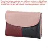 Color Block Genuine Leather Tri-Fold Mini Wallet For Women, Fashionable Casual Coin Purse With Card Slots