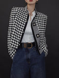 themeisles Stylish Long Sleeves Loose Houndstooth Stand Collar Jackets