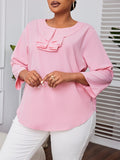 Plus Size Elegant Ruffle Crew Neck 3/4 Sleeve Solid Blouse - Chic Polyester Top for Women - Perfect for Summer, Non-Stretch, Woven, No Printing, Sheer-Free