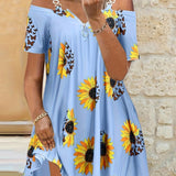 Plus Size Sunflower Print Cold Shoulder Dress with Chain Detail - Flattering & Trendy Short Sleeve Style for Effortless Spring & Summer Fashion - Womens Plus Sizes