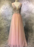 tmallworld Pink Tulle Gorgeous V Back Long Party Dress , Pink Formal Dresses, Evening Dresses