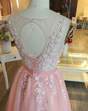 tmallworld Pink Sleeves O Back with Applique, Cute Tulle Long Prom Dress, Junior Party Dresses