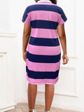 Plus Size Striped Print Dress, Casual Short Sleeve Collared Dress For Spring & Summer, Women's Plus Size Clothing