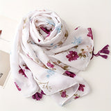 White Bottom Purple Flower Scarf Elegant Fresh Tassel Thick Warm Shawl Autumn Winter Middle East Windproof Scarf