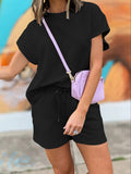 Chic Solid Two-piece Set - Casual Crew Neck Top & Drawstring Shorts Outfit - Comfortable Womens Everyday Wear