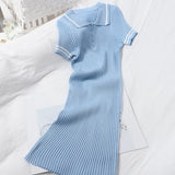 Women casual dresses turn down collar color block tunic knitted short sleve bodycon desinger dress sexy vestidos