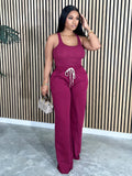 Chic Solid Two-piece Set - Flattering U-Neck Tank & Drawstring Pants Outfit - Womens Casual Everyday Wear