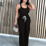 Chic Solid Two-piece Set - Flattering U-Neck Tank & Drawstring Pants Outfit - Womens Casual Everyday Wear