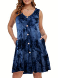 Plus Size V-Neck Tie Dye Pocket Dress - Sleeveless, Slight Stretch, Casual Style for Spring & Summer - Womens Vacation Clothing with Random Printing and Knit Fabric