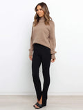 themeisles Stylish Long Sleeves Loose Solid Color High-Neck Sweater Tops