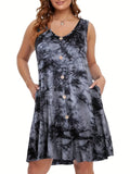 Plus Size V-Neck Tie Dye Pocket Dress - Sleeveless, Slight Stretch, Casual Style for Spring & Summer - Womens Vacation Clothing with Random Printing and Knit Fabric