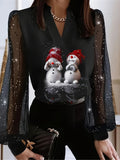 Snowman Print Notched Neck T-shirt, Casual Mesh Long Sleeve Top For Spring & Fall, Women's Clothing