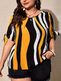 Plus Size Colorblock Striped Blouse with Tied Cuffs - Fashionable Crew Neck for Spring & Summer - Casual, Flattering Womens Plus Size Clothing