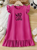 WILD LIKE CURLS Print, Girl's Fashion Casual Round Neck Flying Sleeve Dress For Summer