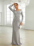 Glittering Sequin Bridesmaid Evening Dress - Flawless V Neck, Stretch Bodycon, Long Sleeves - Glamorous Gown for Parties & Banquets - Womens Formal Attire