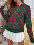 Cozy Plaid Crew Neck Long Sleeve Sweater - Pullovers for Women - Soft, Casual, Fall & Winter Essential with Classic Fit