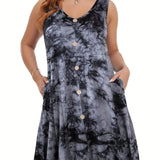 Plus Size V-Neck Tie Dye Pocket Dress - Sleeveless, Slight Stretch, Casual Style for Spring & Summer - Womens Vacation Clothing with Random Printing and Knit Fabric