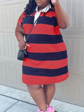 Plus Size Striped Print Dress, Casual Short Sleeve Collared Dress For Spring & Summer, Women's Plus Size Clothing