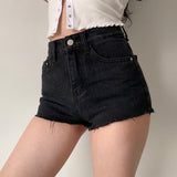 themeisles - Frayed High Waist Denim Shorts