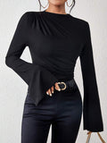 themeisles Flared Sleeves Long Sleeves Pleated Solid Color Boat Neck Skinny T-Shirts