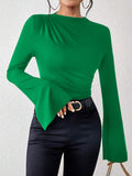 themeisles Flared Sleeves Long Sleeves Pleated Solid Color Boat Neck Skinny T-Shirts