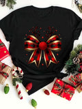 Christmas Bow Print Crew Neck T-shirt, Casual Short Sleeve Top For Spring & Summer, Women's Clothing