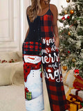 Women's Christmas Themed Jersey Fabric Jumpsuit with Round Neck, Casual Style, Polyester, All-Season, Adult, with Pockets - Festive Plaid and Snowman Design