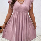 Plus Size Criss Cross Dress - Stunning Eyelet Cut-Out, Flowy Flutter Sleeve, Above Knee Length, Casual Spring & Summer Dress for Women - Designed for Plus Size Women, Part of Our Plus Size Clothing Collection