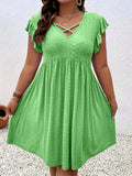 Plus Size Criss Cross Dress - Stunning Eyelet Cut-Out, Flowy Flutter Sleeve, Above Knee Length, Casual Spring & Summer Dress for Women - Designed for Plus Size Women, Part of Our Plus Size Clothing Collection