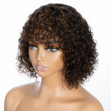 Shoulder Length Curly Human Hair Wig Wih Bangs, 180 Density 10inch For Women