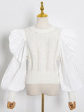 themeisles Original Skinny Puff Sleeves Hollow Split-Joint Round-Neck Sweater Tops