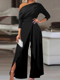 themeisles Solid Color One-Shoulder Long Sleeves T-Shirt + High-Waisted Wide Leg Pants Trousers Two Pieces Set