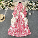 Casual Dresses Women Vintage Party Dress Elegant Lapel Single-breasted Slim Maxi Woman Long Sleeve Spring Autumn Floral Printed