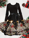 Vintage-Inspired Christmas Dress with Santa, Reindeer & Snowflake Print - Long Sleeve A-Line Party Dress for Women, Machine Washable