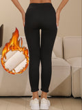 Women's High-Waist Fleece-Lined Leggings - Elegant Black with Butterfly Detail, Stretchy & Warm for Fall/Winter