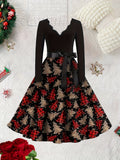 Women'S Y2K Christmas Printed Skater Dress with V-Neck, Polyester Fabric, Ribbon Waist, A-Line Skirt, Adult Size, Knit Fabric, Festive Holiday Party Wear