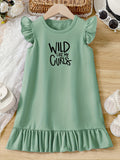 WILD LIKE CURLS Print, Girl's Fashion Casual Round Neck Flying Sleeve Dress For Summer