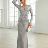 Glittering Sequin Bridesmaid Evening Dress - Flawless V Neck, Stretch Bodycon, Long Sleeves - Glamorous Gown for Parties & Banquets - Womens Formal Attire