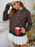 Cozy Plaid Crew Neck Long Sleeve Sweater - Pullovers for Women - Soft, Casual, Fall & Winter Essential with Classic Fit