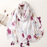 White Bottom Purple Flower Scarf Elegant Fresh Tassel Thick Warm Shawl Autumn Winter Middle East Windproof Scarf