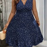 Plus Size Womens Polka Dot Peplum Tank Dress - V Neck, Sleeveless, Shirred, Ruffle Hem, Non-Stretch Polyester Fabric, Perfect for Spring/Summer Vacation