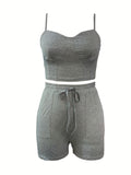 Chic Summer Two-piece Set - Flattering Backless Crop Cami Top & High Waist Drawstring Shorts Outfit - Womens Stylish Casual Wear