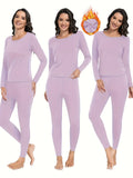 2-Piece Plus Size Thermal Underwear Set - Cozy Long Sleeve Round Neck Top & Bottoms for Women - Soft, Warm, and Comfortable Everyday Essentials for Cold Weather