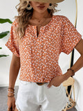 Plus Size Elegant Ditsy Floral Print Notched Neck Shirting Blouse - Soft Non-Stretch Polyester Fabric, Short Sleeve, Woven, Random Printing, Perfect for Summer - Womens Stylish and Comfortable Clothing for Spring and Summer Seasons