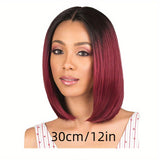 Elegant Ombre Burgundy Bob Wig For Women - Short Straight, Middle Part, Natural Synthetic Hair With Cap Net