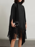 themeisles Loose Fringed High Neckline With A Scarf-Like Panel Solid Midi Dresses